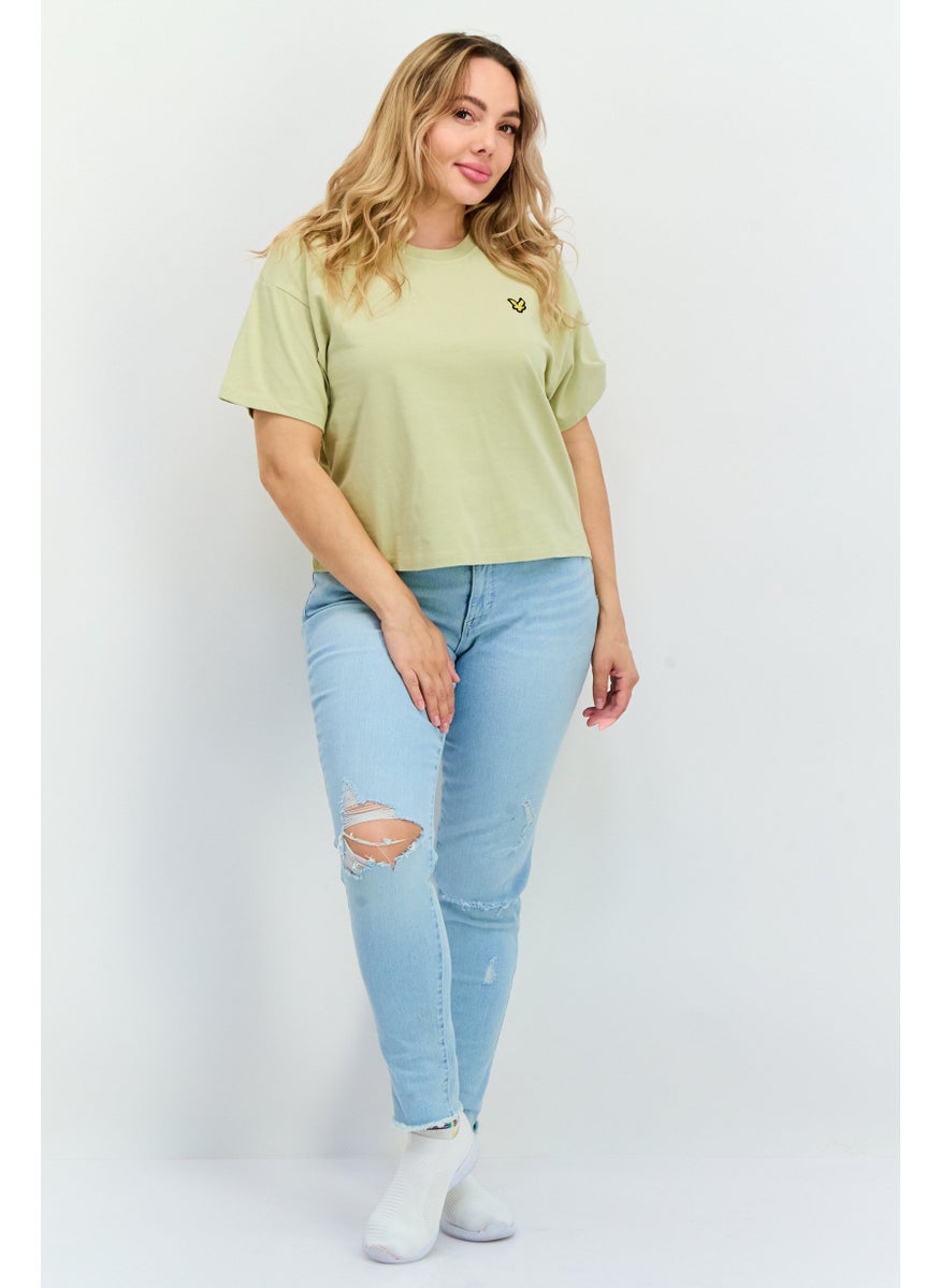 Women Crew Neck Short Sleeves Brand Logo Cropped T-Shirt, Sage Green