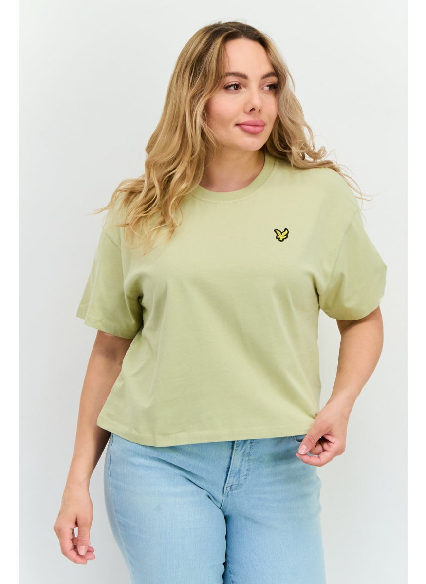 Women Crew Neck Short Sleeves Brand Logo Cropped T-Shirt, Sage Green