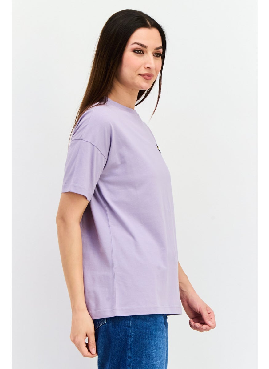 Women Oversize Crew Neck Short Sleeves Embroidered Logo T-Shirt, Lavender