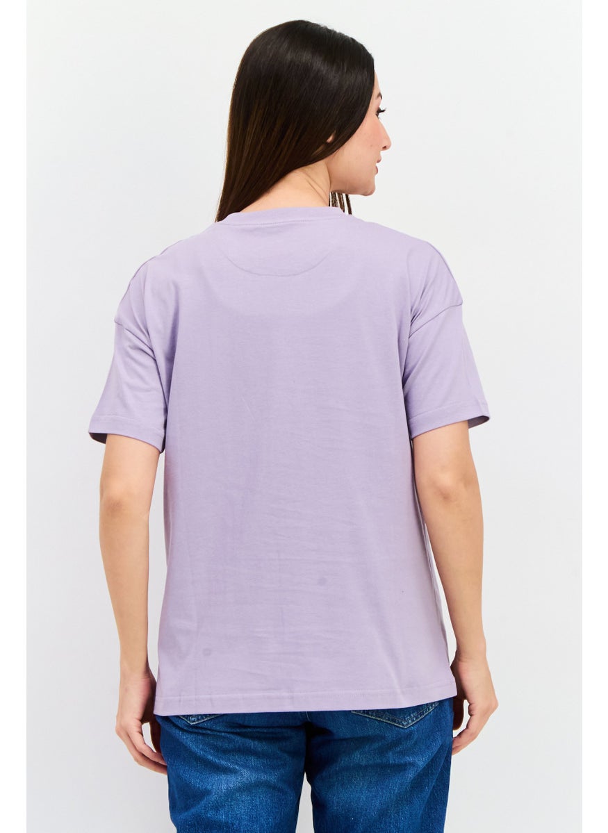 Women Oversize Crew Neck Short Sleeves Embroidered Logo T-Shirt, Lavender