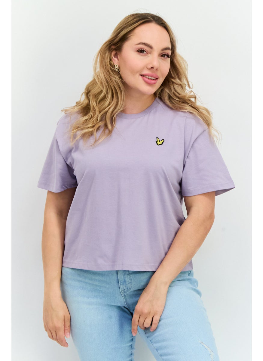 Women Crew Neck Short Sleeves Brand Logo Cropped T-Shirt, Light Purple