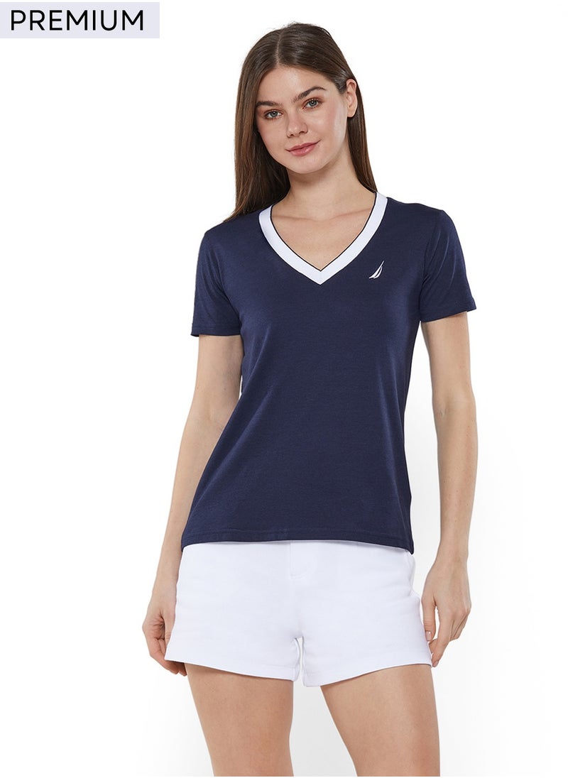 Regular Fit Cotton Blend Logo V-Neck T-shirt