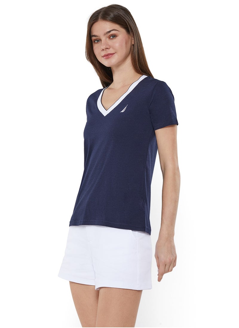 Regular Fit Cotton Blend Logo V-Neck T-shirt