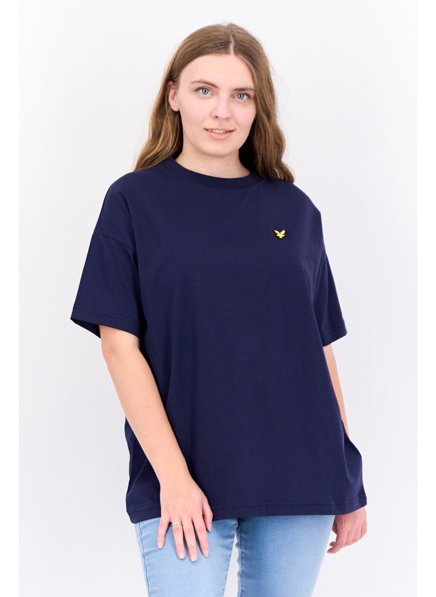 Women Oversize Short Sleeves Embroidered Print T-Shirt, Navy