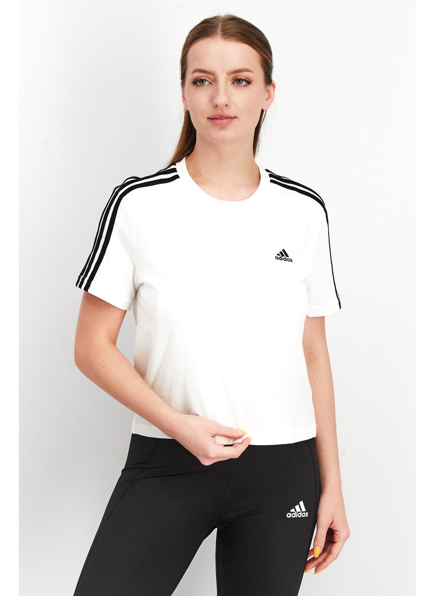 Women Sportswear Fit Short Sleeve 3 Stripe Cropped Top, White/Black