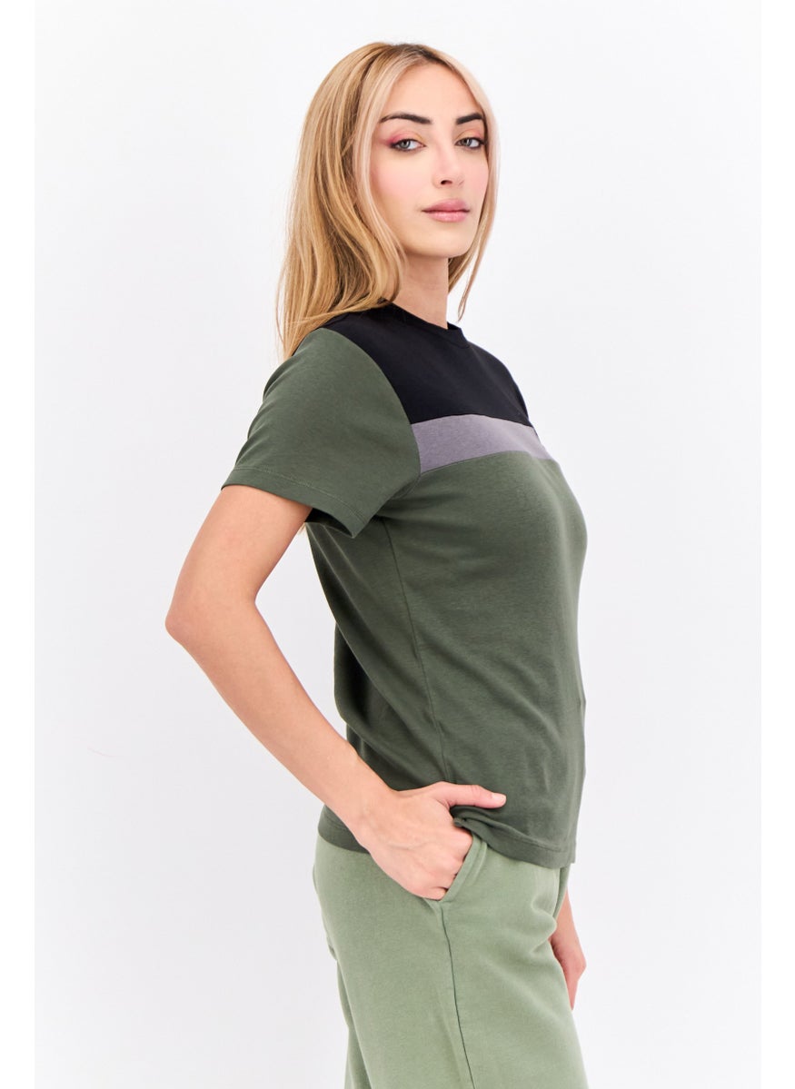 Women Crew Neck Short Sleeves Colorblock T-shirt, Black