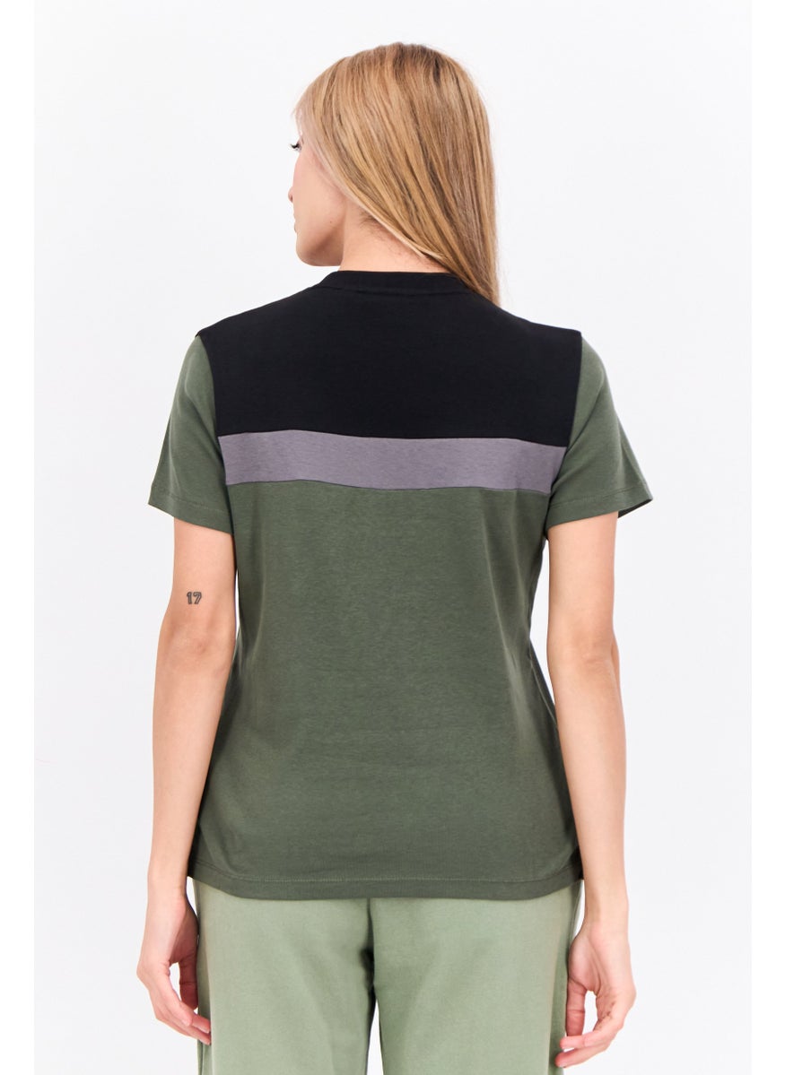 Women Crew Neck Short Sleeves Colorblock T-shirt, Black