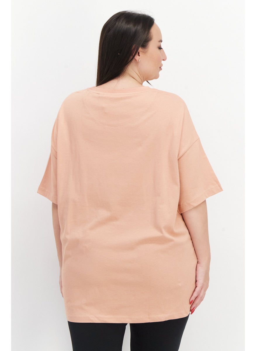 Women Oversize Crew Neck Short Sleeves Embroidered Print T-Shirt, Peach