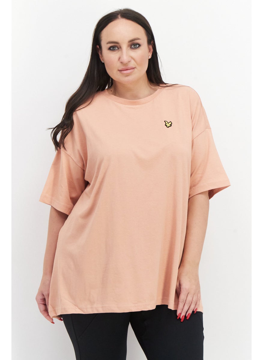 Women Oversize Crew Neck Short Sleeves Embroidered Print T-Shirt, Peach