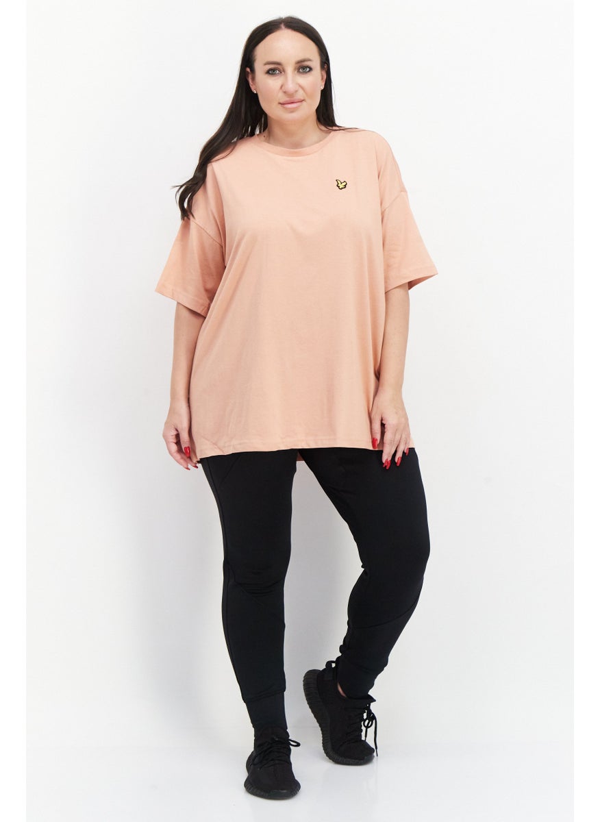 Women Oversize Crew Neck Short Sleeves Embroidered Print T-Shirt, Peach