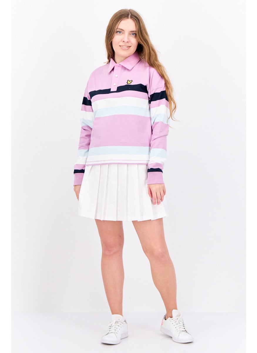 Women Regular Fit Embroidered Long Sleeve Polo Shirt, Lilac Combo