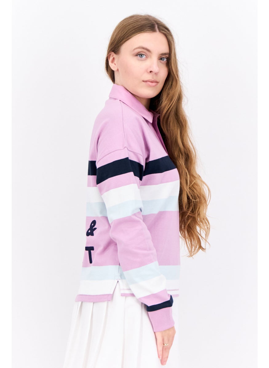 Women Regular Fit Embroidered Long Sleeve Polo Shirt, Lilac Combo