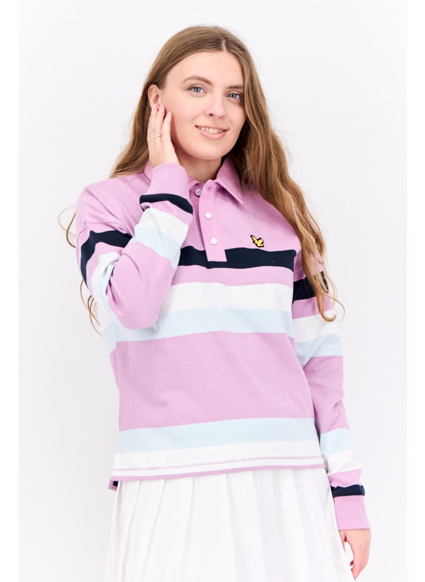 Women Regular Fit Embroidered Long Sleeve Polo Shirt, Lilac Combo