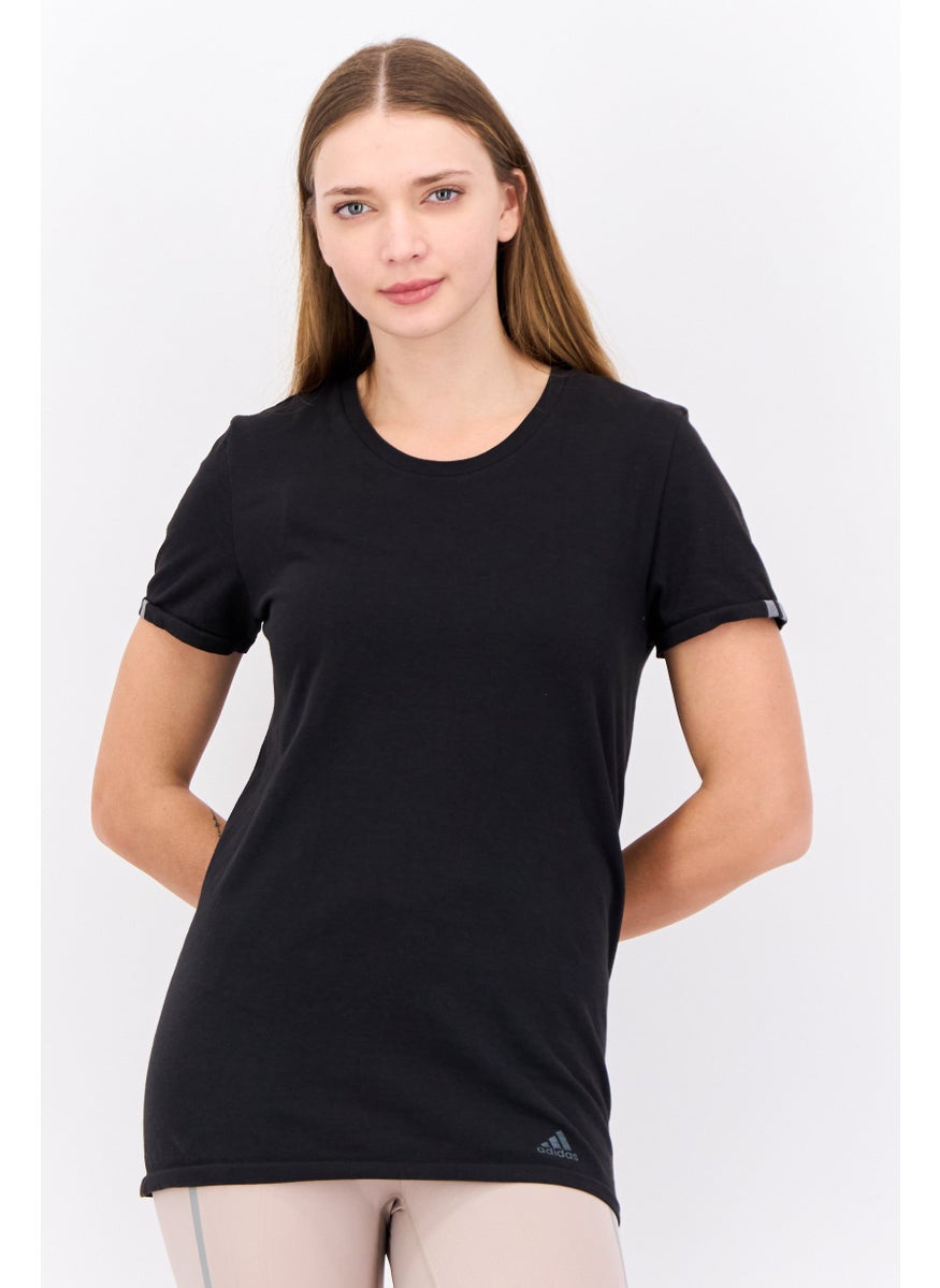 Women Sportswear Fit Short Sleeves Outdoors Top, Black