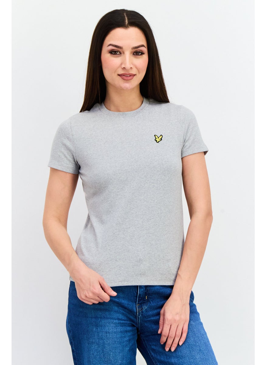 Women Crew Neck Short Sleeve Brand Logo T Shirt, Grey