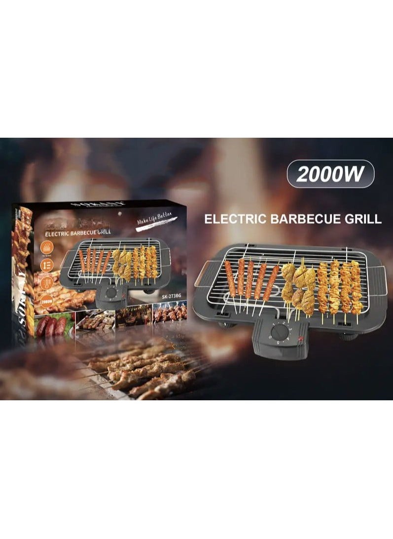 Electric BBQ Grill Indoor/Outdoor 2000W - Portable Tabletop Barbecue Grill with Adjustable Temperature Control, Fast Heating, Removable Water-Filled Drip Tray, Non-Stick Grate, Black