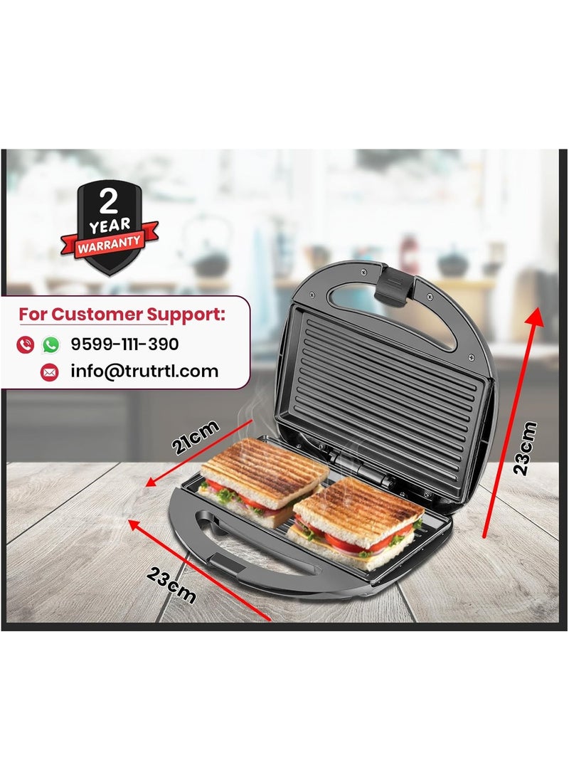 Electric grill and sandwich maker with non-stick coated plates for easy cooking and cleaning.