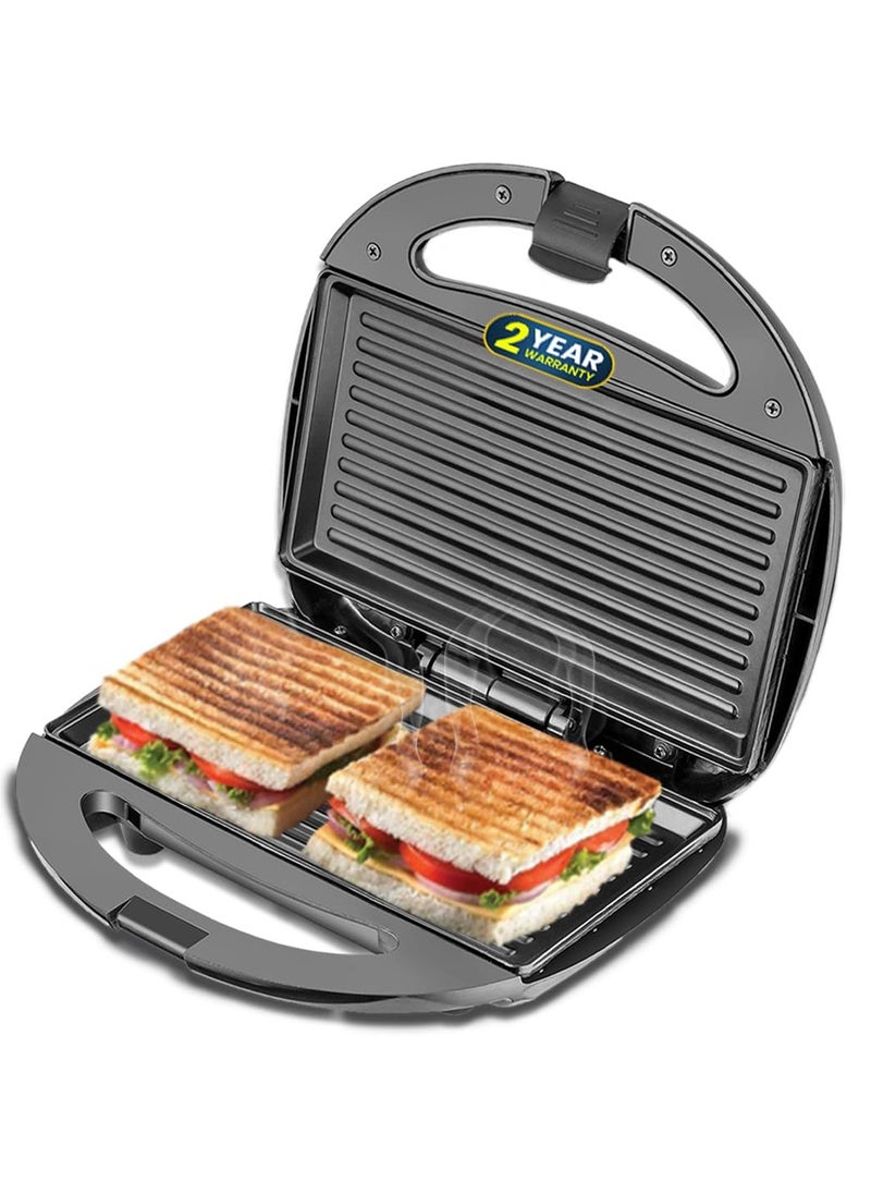 Electric grill and sandwich maker with non-stick coated plates for easy cooking and cleaning.