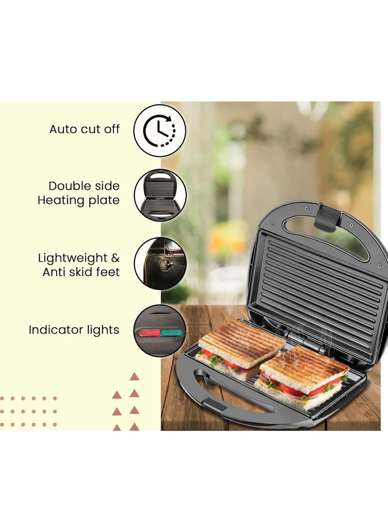 Electric grill and sandwich maker with non-stick coated plates for easy cooking and cleaning.