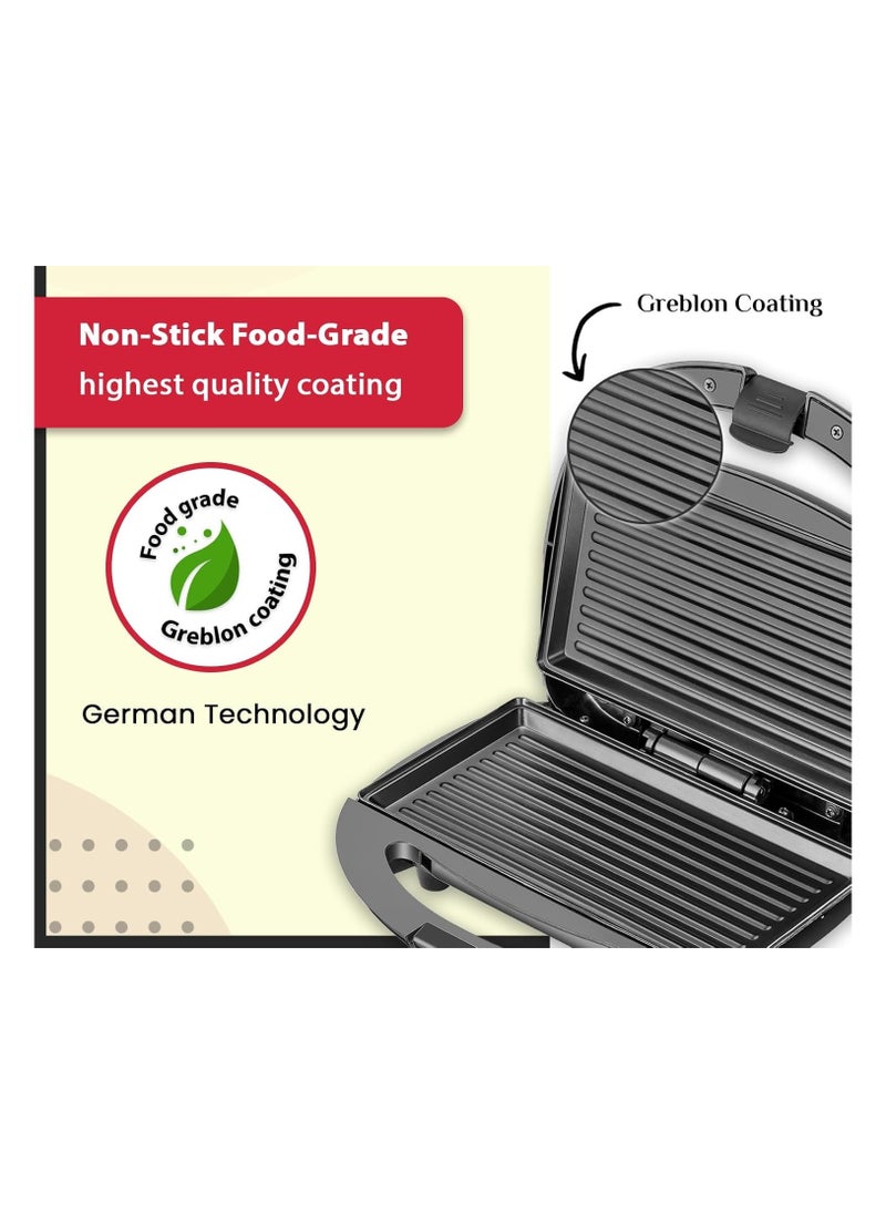 Electric grill and sandwich maker with non-stick coated plates for easy cooking and cleaning.