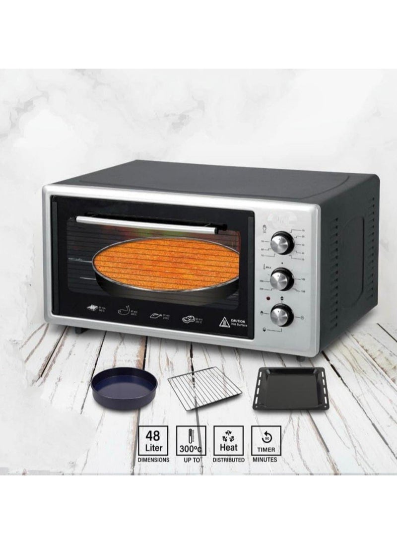 Electric Oven 48L 1300W Countertop Toaster Oven – Adjustable Thermostat, 90-Min Timer, Rotisserie Chicken Grill, Bake, Roast, Pizza Maker – Includes Fry Pan & Wire Rack, Turkey-Made