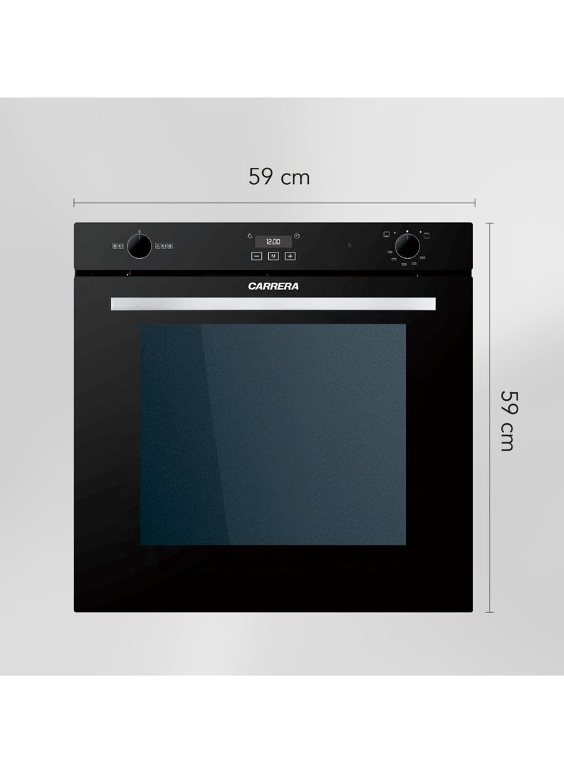 Carrera Built-in Gas Oven – 60cm, 90L Capacity, Black Glass, Convection Fan, Rotisserie, Triple Glass, Touch Control Timer, Easy Clean Enamel