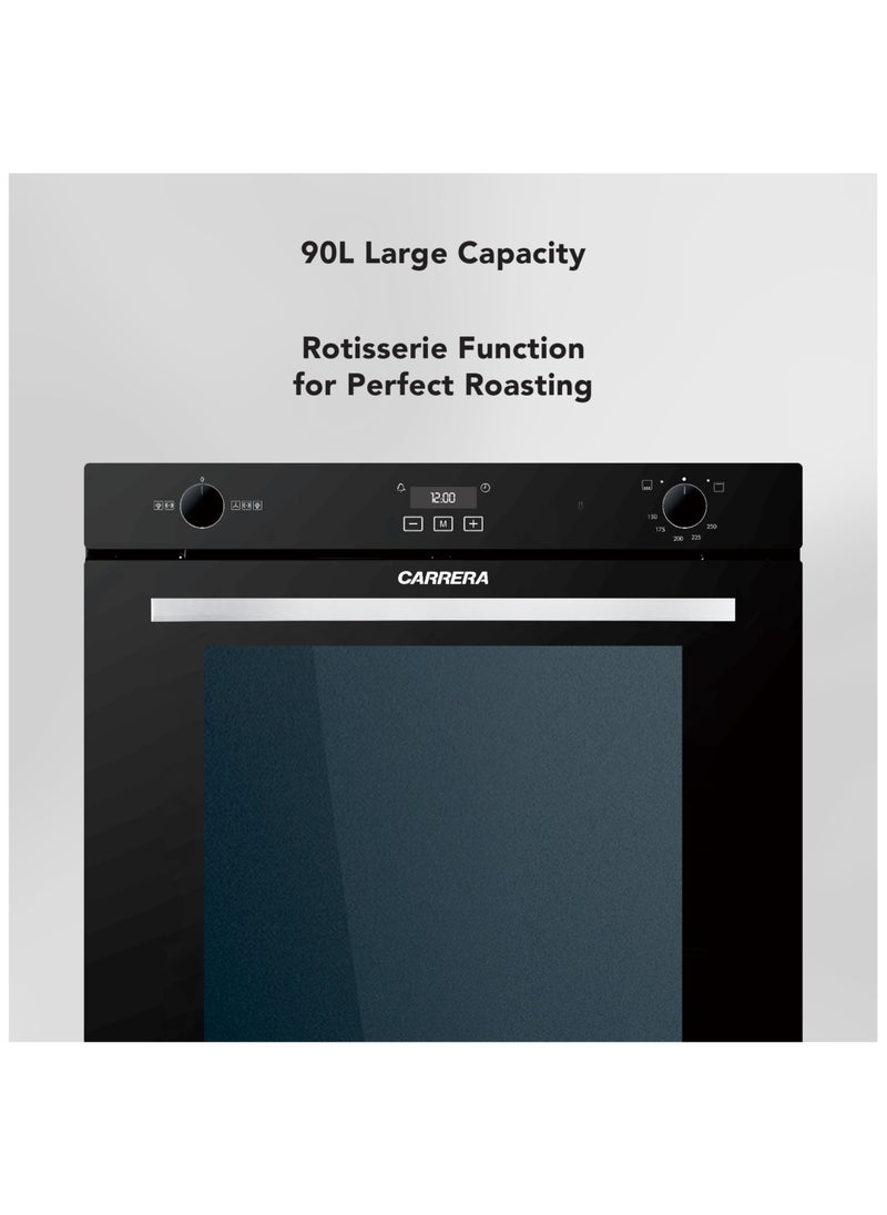 Carrera Built-in Gas Oven – 60cm, 90L Capacity, Black Glass, Convection Fan, Rotisserie, Triple Glass, Touch Control Timer, Easy Clean Enamel