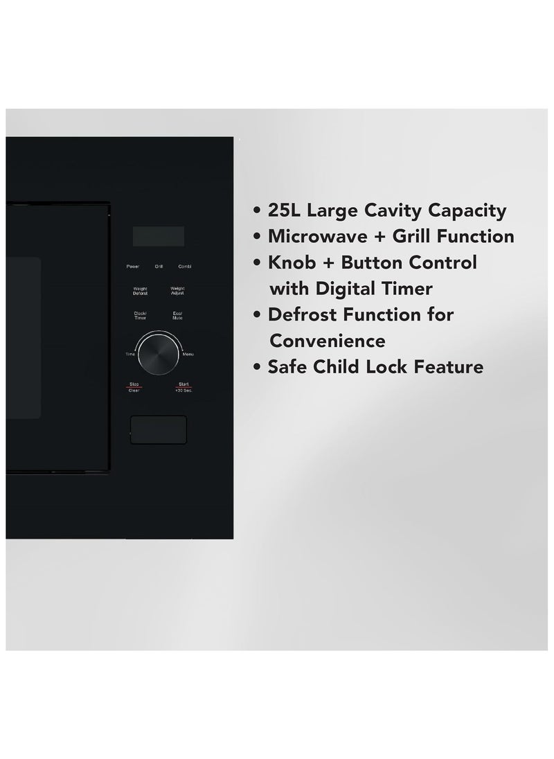 Carrera Built-in Microwave – 900W Power Output, 25L Capacity, Microwave + Grill Function, Stainless Steel Cavity, Defrost, Child Lock, Digital Timer