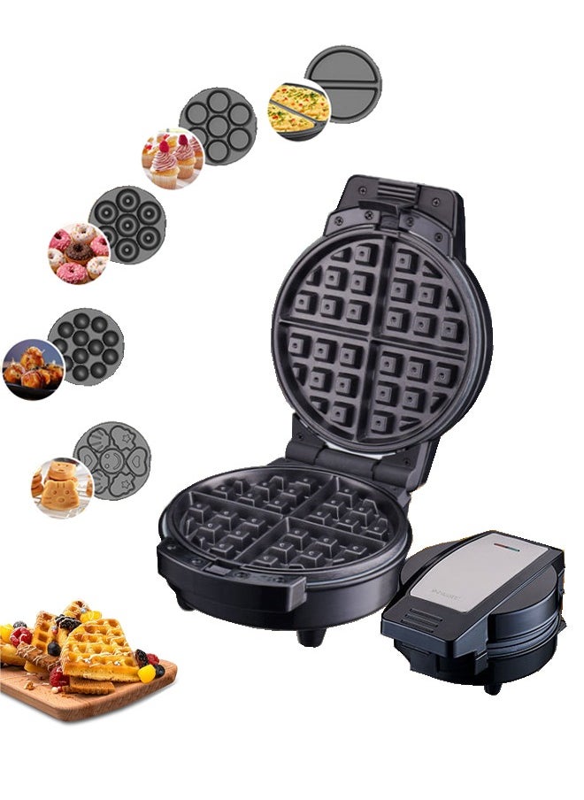 6 in 1 Multi Snacks Maker with Waffle-Donut-Cake-Ball-Pancakes-Cartoon Cake, Nonstick Waffle Maker with Indicator & Ready-to-Cook Lights, Detachable Plates，Compact Design for Easy Kitchen Storage 600W SK-08104,Black