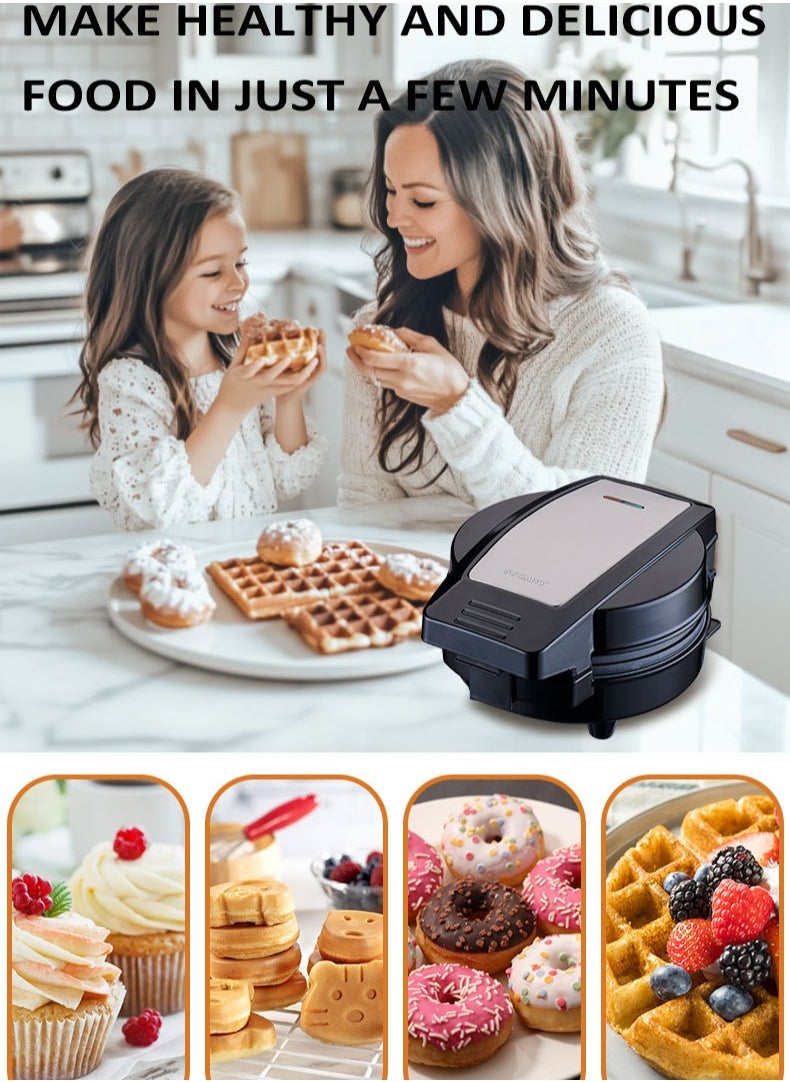6 in 1 Multi Snacks Maker with Waffle-Donut-Cake-Ball-Pancakes-Cartoon Cake, Nonstick Waffle Maker with Indicator & Ready-to-Cook Lights, Detachable Plates，Compact Design for Easy Kitchen Storage 600W SK-08104,Black