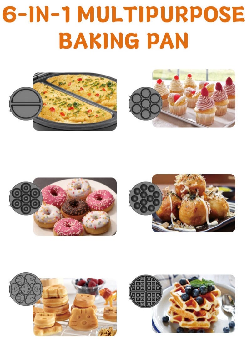 6 in 1 Multi Snacks Maker with Waffle-Donut-Cake-Ball-Pancakes-Cartoon Cake, Nonstick Waffle Maker with Indicator & Ready-to-Cook Lights, Detachable Plates，Compact Design for Easy Kitchen Storage 600W SK-08104,Black