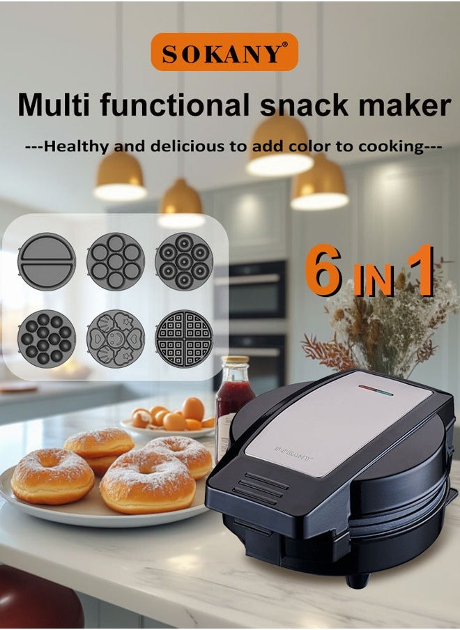 6 in 1 Multi Snacks Maker with Waffle-Donut-Cake-Ball-Pancakes-Cartoon Cake, Nonstick Waffle Maker with Indicator & Ready-to-Cook Lights, Detachable Plates，Compact Design for Easy Kitchen Storage 600W SK-08104,Black