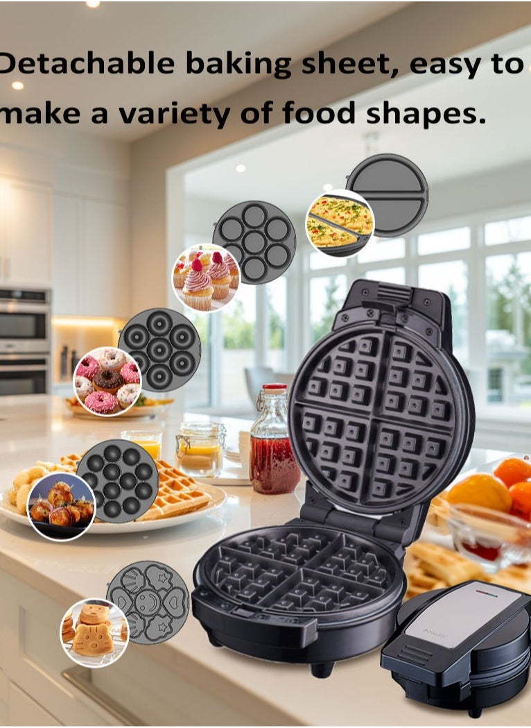 6 in 1 Multi Snacks Maker with Waffle-Donut-Cake-Ball-Pancakes-Cartoon Cake, Nonstick Waffle Maker with Indicator & Ready-to-Cook Lights, Detachable Plates，Compact Design for Easy Kitchen Storage 600W SK-08104,Black