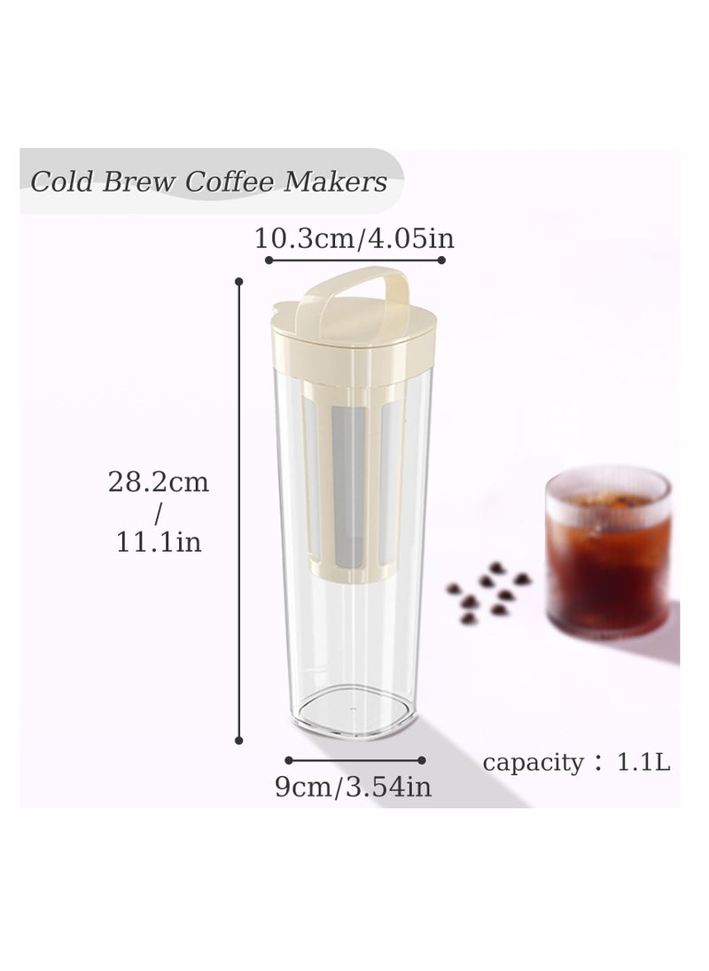 Cold Brew Coffee Maker with Removable Nylon Filter Net, 1100ML PP Coffee Cups with Top Handle Style, Manual Cold Brew Coffee Maker, Ice Fruit Teapot Filter, Beige