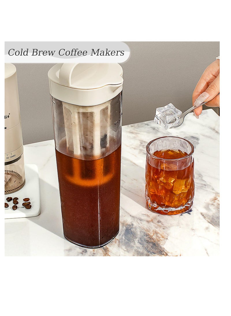 Cold Brew Coffee Maker with Removable Nylon Filter Net, 1100ML PP Coffee Cups with Top Handle Style, Manual Cold Brew Coffee Maker, Ice Fruit Teapot Filter, Beige