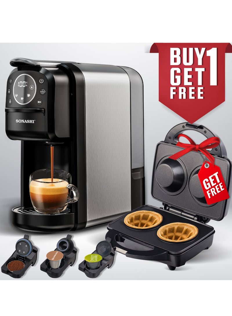 Buy 3 in 1 Multi Capsule Coffee Machine and Get  - Dual Cup Waffle Maker | Digital Touch Coffee Maker with Non-Stick Waffle Maker | Nespresso/Dolce Gusto/Coffee Powder Coffee Machine 700 ml 1400 W SCM-4984 + SWM-867 Black/Grey