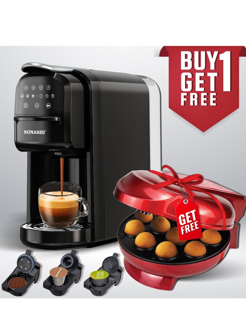 Buy 3 in 1 Multi Capsule Coffee Machine and Get  - Cake Pop Maker (12 Pcs) | Digital Touch Coffee Maker with Non-Stick Baking Cake Pop Maker | Nespresso/Dolce Gusto/Coffee Powder Coffee Machine 700 ml 1400 W SCM-4985 + SCPM-872 Black