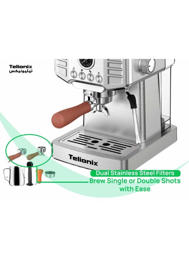 Telionix 20 Bar Espresso Maker with Italy ULKA Pump, 1.8L Detachable Water Tank, Dual Stainless Steel Filters, Pressure Gauge, Steam Wand for Frothing, Home Barista Coffee Machine