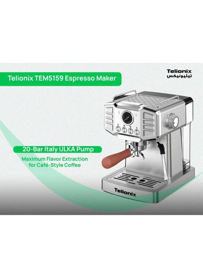 Telionix 20 Bar Espresso Maker with Italy ULKA Pump, 1.8L Detachable Water Tank, Dual Stainless Steel Filters, Pressure Gauge, Steam Wand for Frothing, Home Barista Coffee Machine