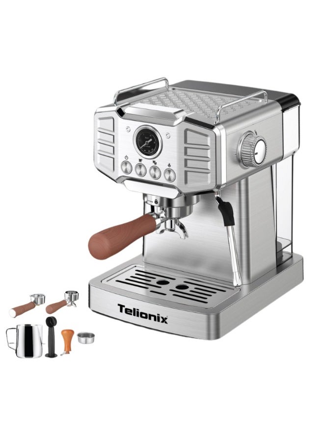 Telionix 20 Bar Espresso Maker with Italy ULKA Pump, 1.8L Detachable Water Tank, Dual Stainless Steel Filters, Pressure Gauge, Steam Wand for Frothing, Home Barista Coffee Machine