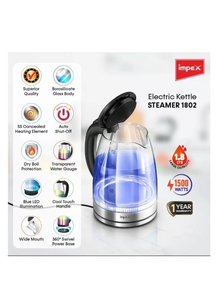 Model: ZY-303, 1.8-liter electric glass kettle, 1500-1800W