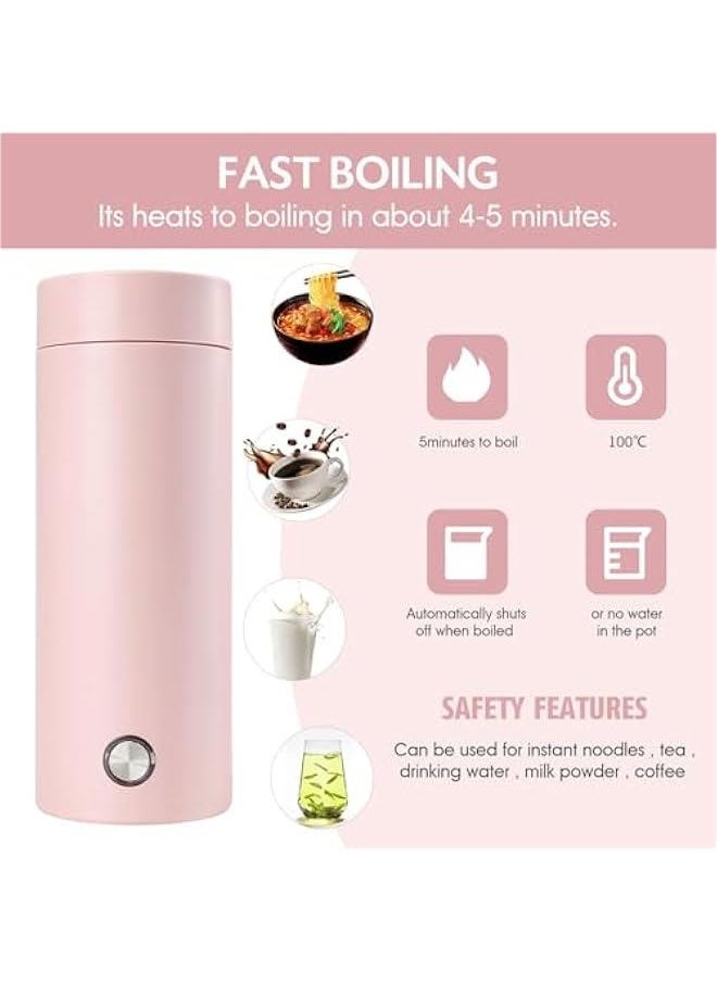 Portable Travel Kettle, 400ML Small Electric Travel Kettle, 3 in 1 Electric Heating Cup, Fast Boil and Auto Shut Off Heating Mug for Tea, Coffee, Baby Milk, Stainless Steel Kettle (Pink)