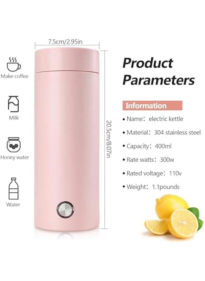 Portable Travel Kettle, 400ML Small Electric Travel Kettle, 3 in 1 Electric Heating Cup, Fast Boil and Auto Shut Off Heating Mug for Tea, Coffee, Baby Milk, Stainless Steel Kettle (Pink)