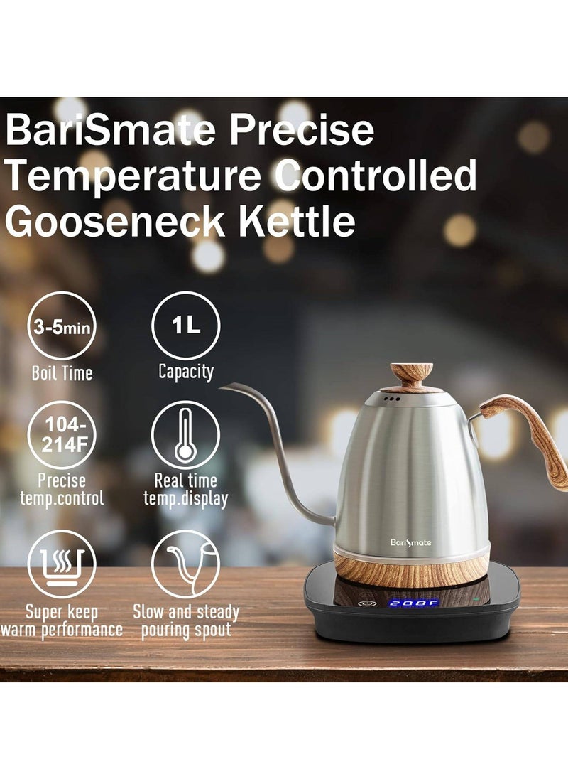 Electric Stainless Steel Gooseneck Kettle Temperature Control Variable For Coffee Tea Water Pour Over 1200 Watt Quick Heating 1 Liter Boil-dry Protection Touch Screen Silver