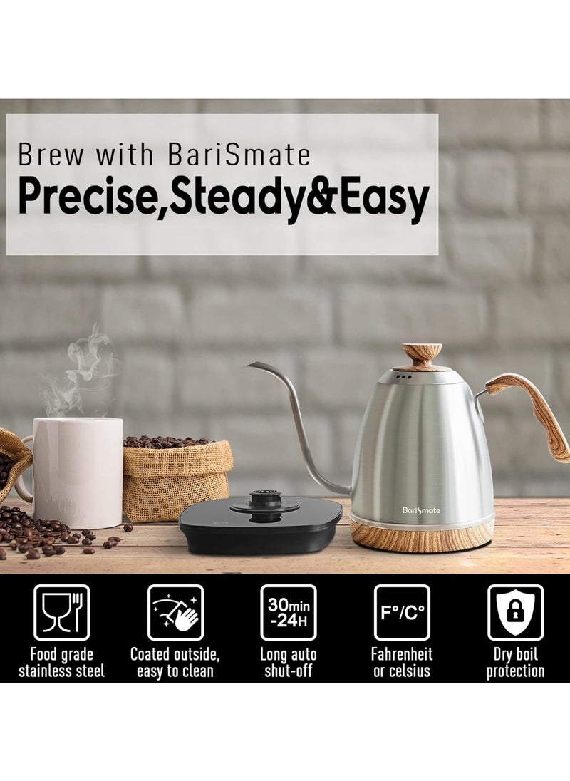 Electric Stainless Steel Gooseneck Kettle Temperature Control Variable For Coffee Tea Water Pour Over 1200 Watt Quick Heating 1 Liter Boil-dry Protection Touch Screen Silver