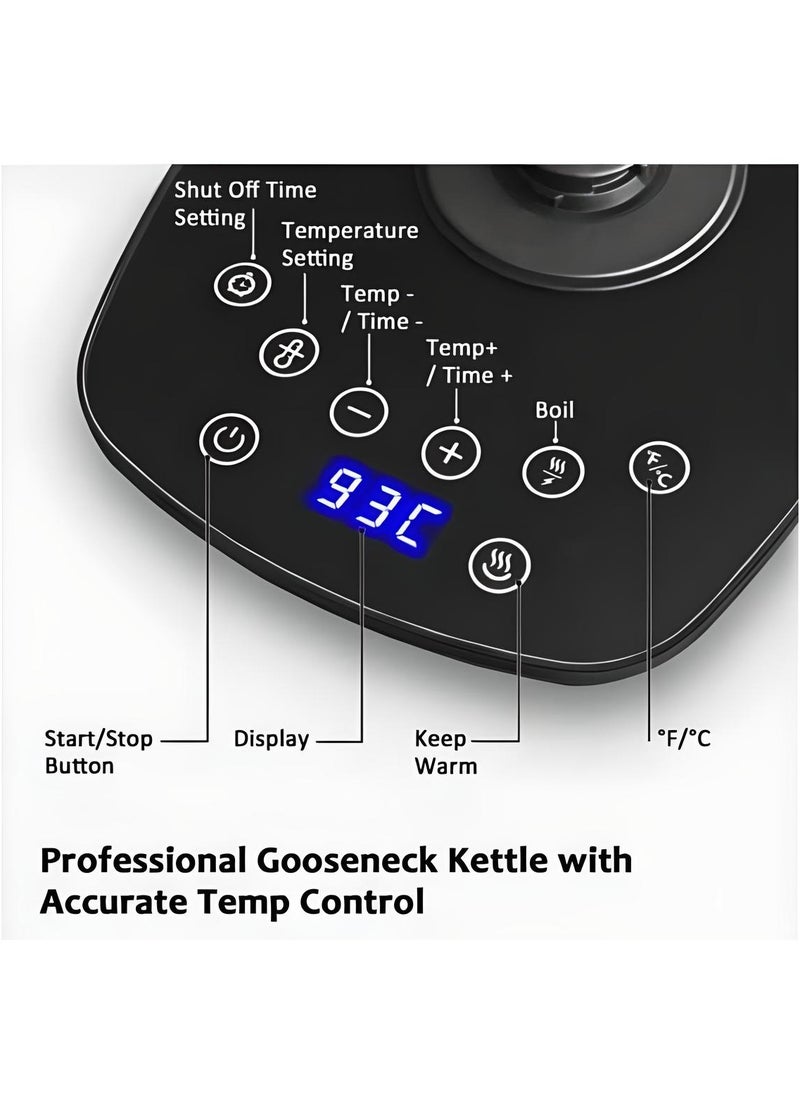 Electric Stainless Steel Gooseneck Kettle Temperature Control Variable For Coffee Tea Water Pour Over 1200 Watt Quick Heating 1 Liter Boil-dry Protection Touch Screen Silver