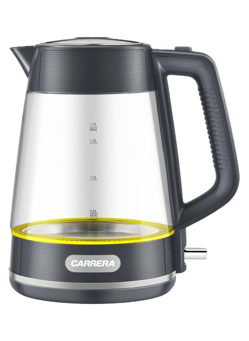 Carrera Glass Electric Kettle CRR 649 – 2200W Power, 1.7L Heat-Resistant Glass Jug, STRIX Controller, 360° Swivel Base, Boil-Dry Protection, Auto Shut-Off