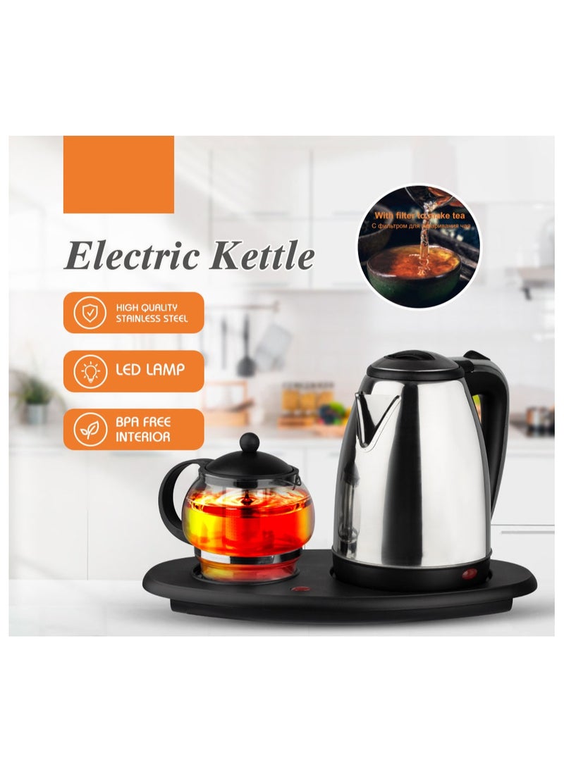 Electric Kettle Tray Set with Infuser - Premium Tea Pot & Electric Kettle for Coffee & Tea Brewing - Stainless Steel, Fast Boil, Adjustable Temperature, Perfect for Home & Office Use