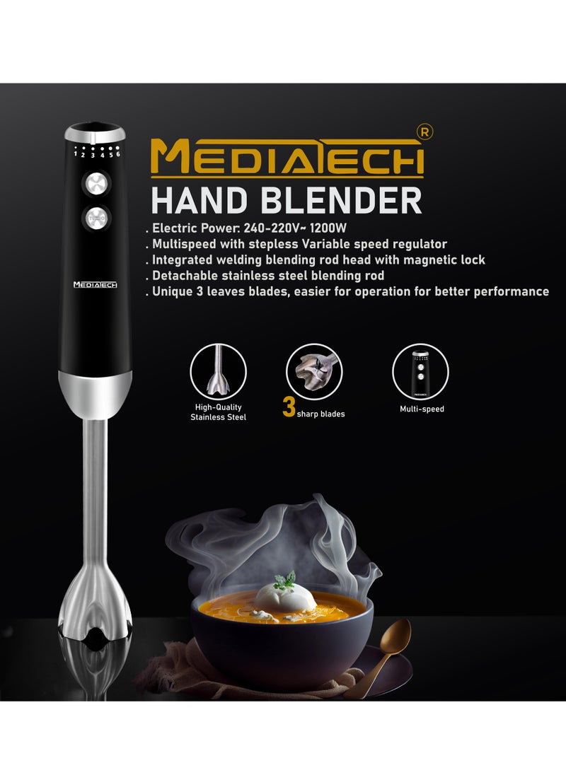 Hand Blender | 1200W | 6 Speeds Continuous Variable Control | Turbo Mode Function | Stainless Steel Leaf Blade and Rod | MT-HB300
