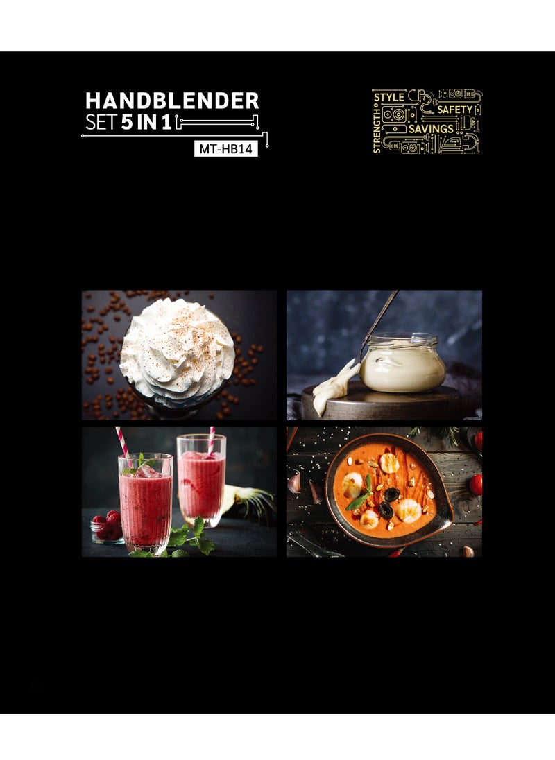 5 In 1 Hand Blender | 1.0L Chopper Bowl and 500mL Measuring Cup | 700W | Whisker & Batter Mixer Attachments | Stainless Steel Blades and Rods | BPA-Free Chopper Bowl | 8 Pieces | Safety Button | MT-HB14